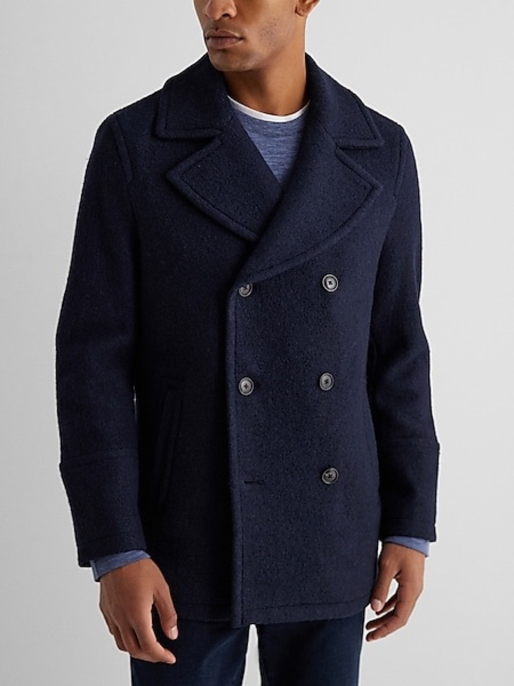 Express Men’s Navy Double Breasted Textured Bouclé Wool Blend Peacoat M